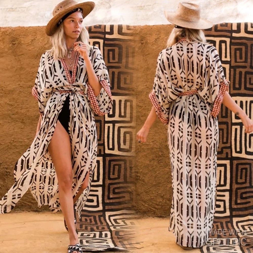New Bohemian Kimono Duster Jacket Robe Swim Cover - Picture 2 of 12